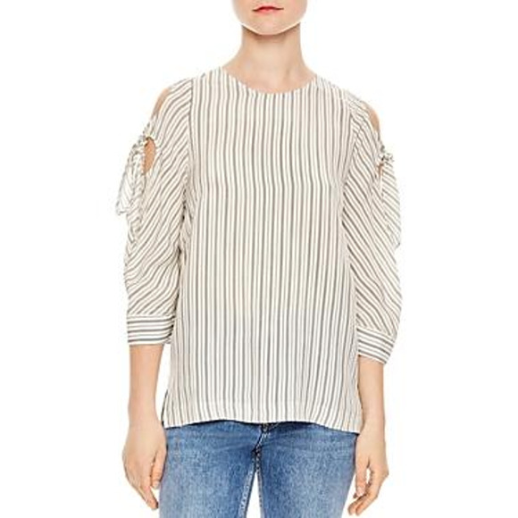 Sandro Tops - SANDRO Top Manga Striped Cold-shoulder Tie Detail Beige Tan & Black Size Small